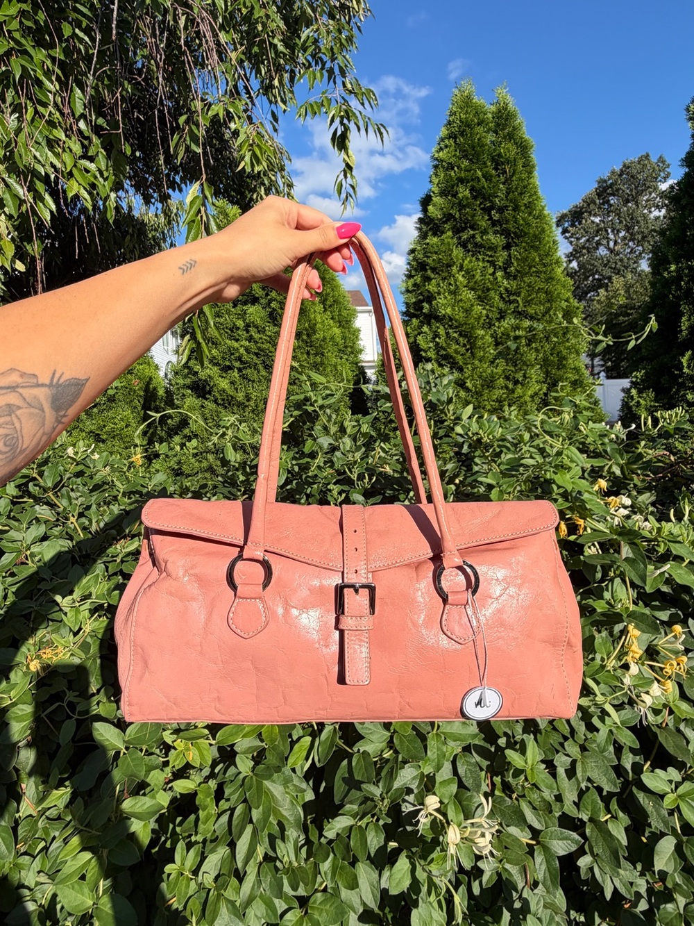Indigo Pink Leather Shoulder Bag with Buckle Detail